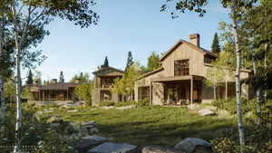 Back of property with a patio, a chimney, and a yard