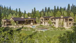 Rear view of house featuring a chimney and stone siding