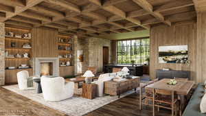 Living area featuring a wood ceiling with exposed beams, wood walls, coffered ceiling, built in shelves, and hardwood / wood-style flooring