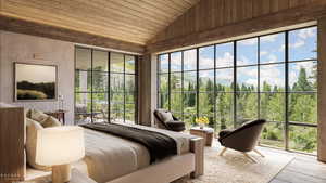 Bedroom featuring lofted ceiling, wooden ceiling, access to outside, view of wooded area, and wood finished floors