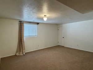 Carpeted family room adding space for office, hobby or relaxation featuring a textured ceiling and baseboards