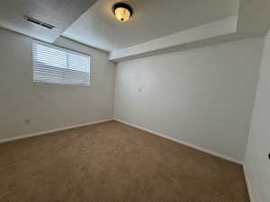 Carpeted bedroom featuring carpet flooring and a textured ceiling and a closet