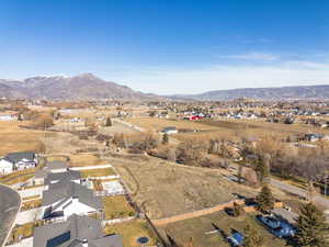 Aerial view of residential area with mountains