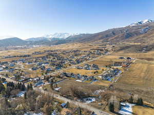 Aerial view of residential area with a mountainous background