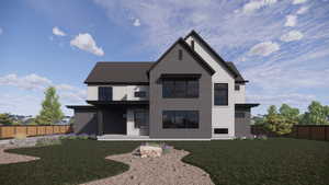 View of front facade with a fenced backyard, brick siding, and a patio