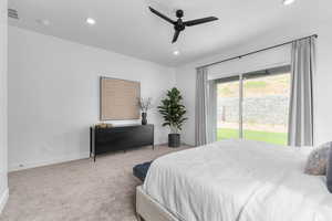 Bedroom featuring access to exterior, light colored carpet, a ceiling fan, and recessed lighting