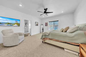 Bedroom with ensuite bath, ceiling fan, carpet, and recessed lighting