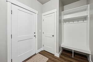 Mudroom featuring dark wood-type flooring