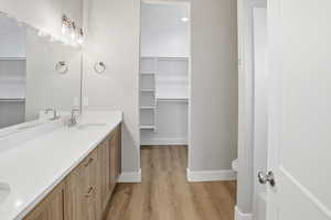 Full bath with double vanity, light wood finished floors, and a walk in closet