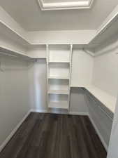Walk in closet featuring dark wood-style floors