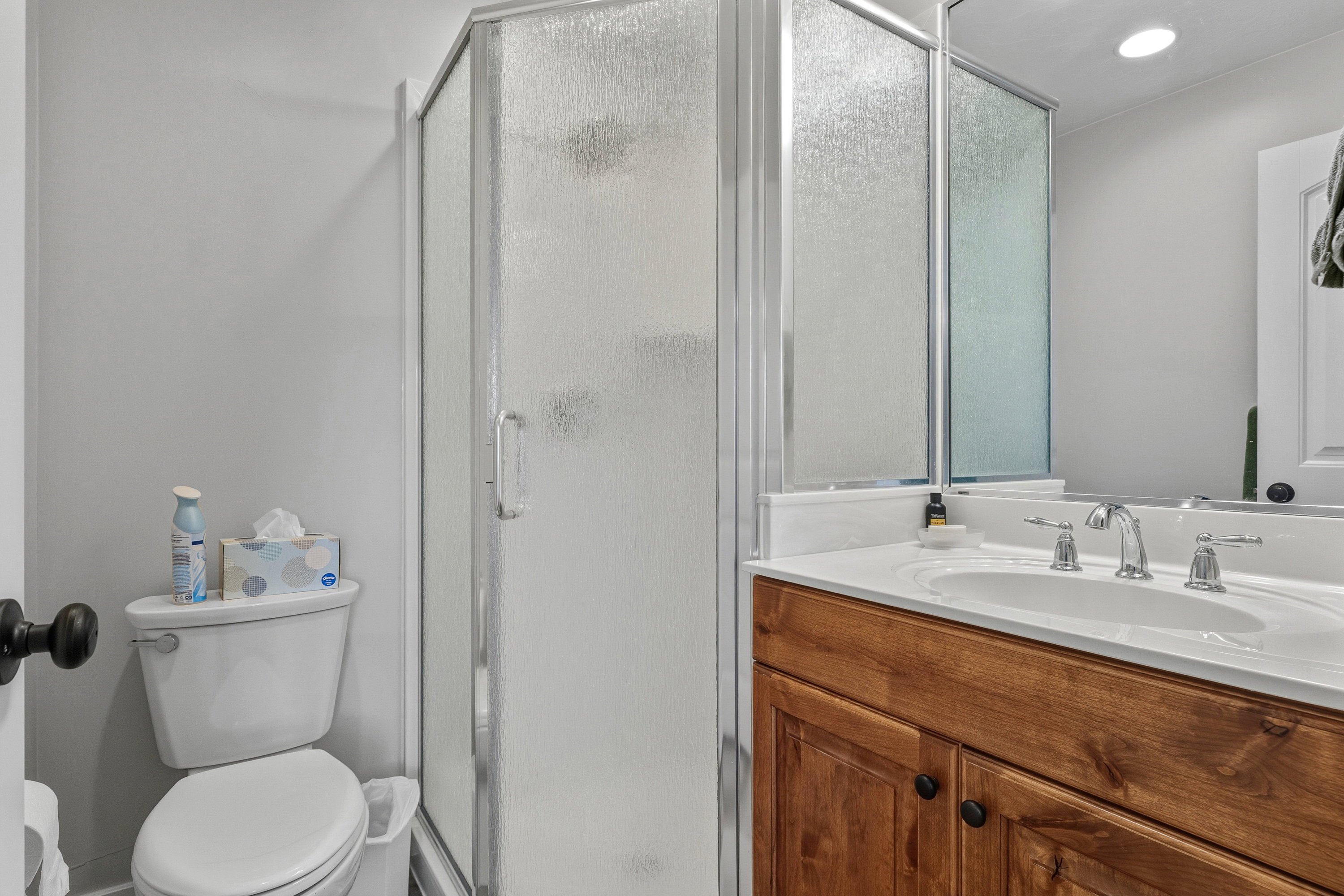 Bathroom with vanity and a shower stall