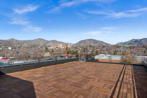 View of patio / terrace with a mountain view