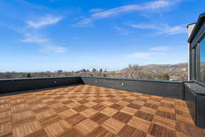 View of patio featuring a mountain view