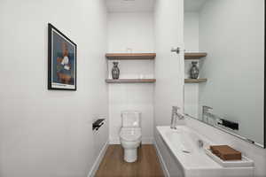 Bathroom featuring dark wood-type flooring and vanity