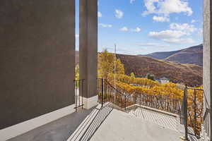 View of patio with a mountain view