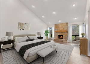 Bedroom featuring high vaulted ceiling, light wood-type flooring, a stone fireplace, recessed lighting, and access to outside