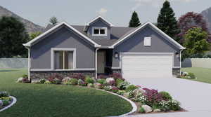 View of front facade with stone siding, concrete driveway, stucco siding, and a garage