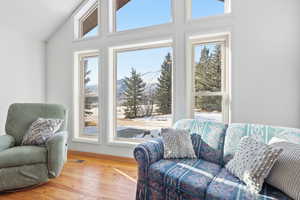 Living area featuring plenty of natural light, wood-type flooring, a mountain view, and high vaulted ceiling