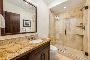 Full bath featuring vanity, a shower stall, and backsplash