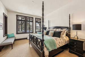 Bedroom with light colored carpet