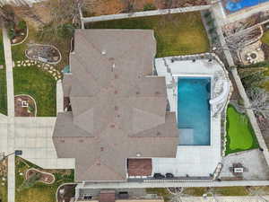 Drone / aerial view of a pool
