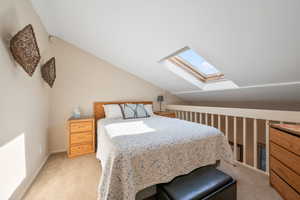 Bedroom featuring a skylight, vaulted ceiling, and light colored carpet