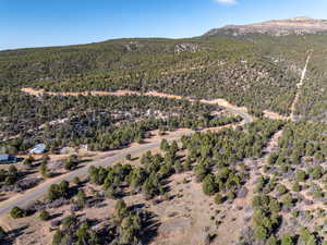 Aerial view of property's location featuring a mountainous background and a forest