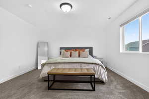Carpeted bedroom featuring baseboards