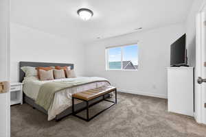 Bedroom with carpet floors and baseboards
