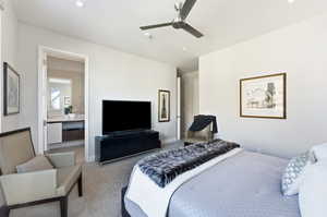 Bedroom with ceiling fan and carpet floors