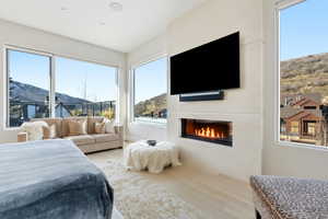 Bedroom featuring wood finished floors, a glass covered fireplace, and multiple windows