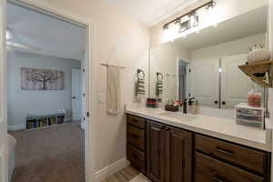 Bathroom featuring vanity and light colored carpet