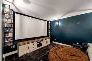 Cinema room featuring carpet flooring and baseboards
