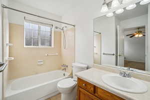 Full bath featuring bathtub / shower combination, vanity, and ceiling fan