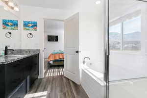 Ensuite bathroom with vanity, dark wood-type flooring, and a garden tub