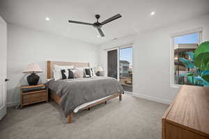 Bedroom with light colored carpet, a ceiling fan, and recessed lighting