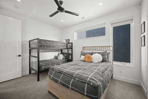 Bedroom featuring carpet, a ceiling fan, and recessed lighting