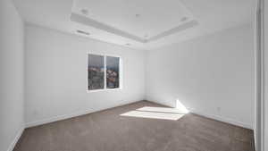 Carpeted spare room featuring a raised ceiling and baseboards