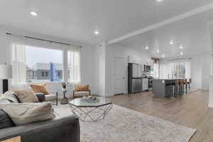 Living room with light wood finished floors and recessed lighting