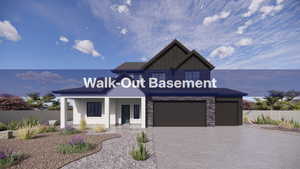 View of front of house with covered porch, stone siding, and driveway