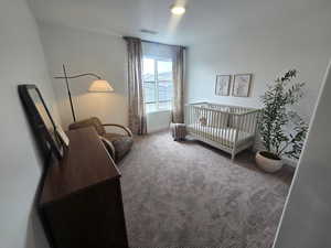 Bedroom featuring a nursery area and carpet flooring