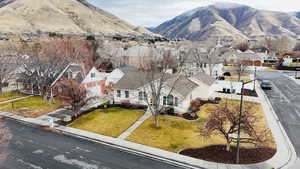 Aerial view of residential area with mountains