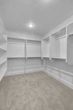 Spacious closet featuring light colored carpet
