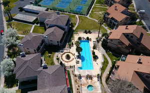 Aerial view of residential area with a pool area