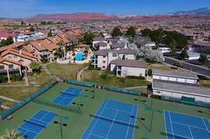 Aerial view of residential area with mountains