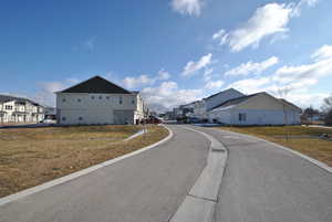 View of asphalt street with access to the garages.