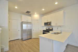 Kitchen featuring stainless steel appliances, a peninsula, light wood-style flooring, white cabinets, and light stone counters