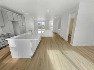 Kitchen with a kitchen island with sink, light wood finished floors, open floor plan, recessed lighting, and light stone counters