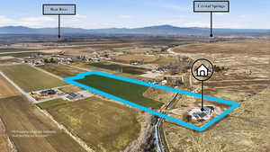 Overview of rural landscape featuring mountains