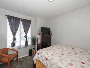 Bedroom featuring dark carpet and baseboards